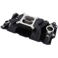 SB Chev Air Gap Dual Plane Intake Manifold, Black Finish